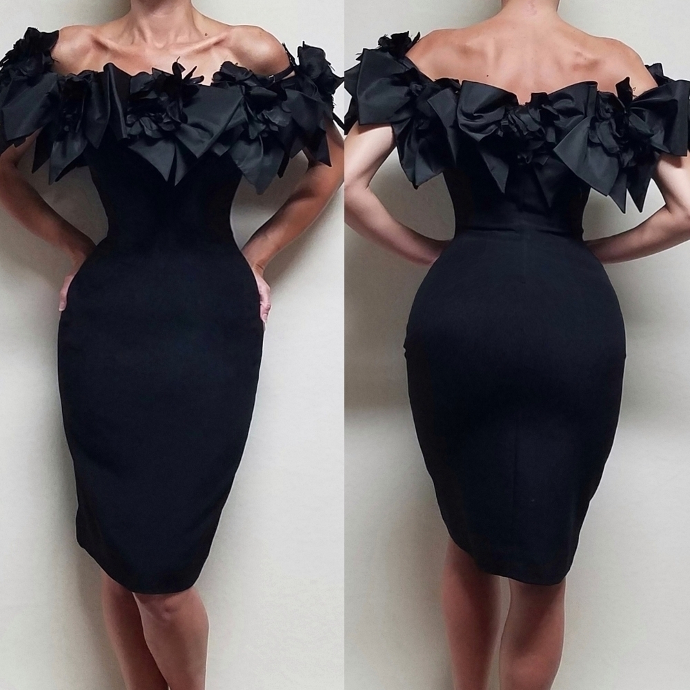 Vintage 80s Victor Costa Black Crepe Off-Shoulder Ruffle Rose Midi Column Dress